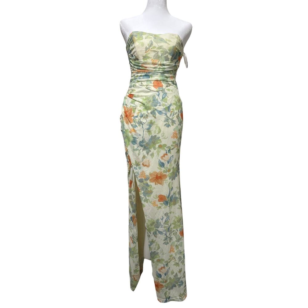 lulus strapless floral floor length gown with side slit women's size